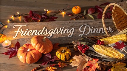 Friendsgiving dinner invitation with pumpkins, corn, and autumn leaves creates a warm and inviting atmosphere for a festive gathering