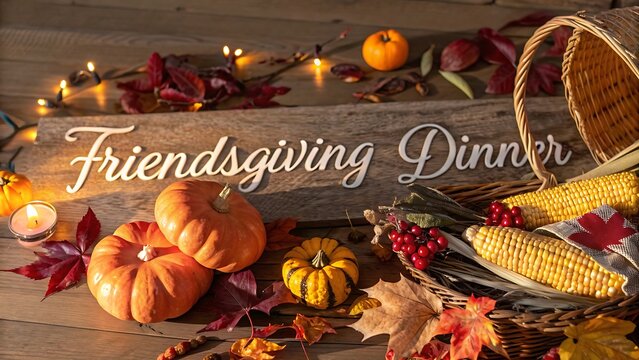 Friendsgiving dinner invitation with pumpkins, corn, and autumn leaves creates a warm and inviting atmosphere for a festive gathering
