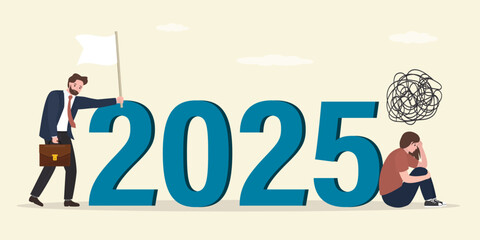 Unhappy people near 2025 year. Problems, business failures. Businessman stands with a white flag, give up, surrender. Woman loser in stress and difficulties.