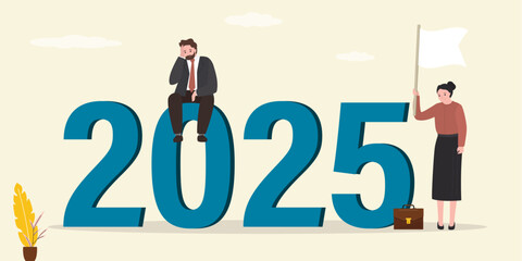 Unhappy people near 2025 year. Problems, business failures. Businesswoman stands with white flag, give up, surrender. Loser man in stress and difficulties.
