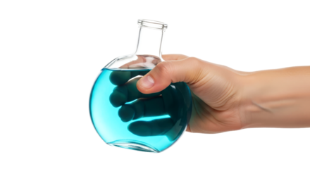 revealing the secrets a hand presents a flask of vibrant teal liquid, symbolizing scientific discovery and innovation, isolated on transparent background