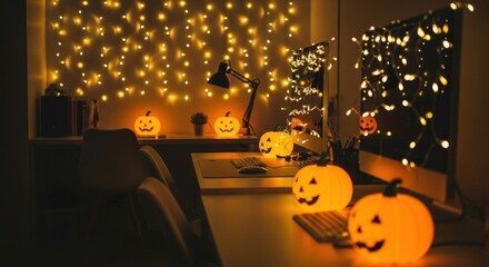Halloween themed office space decorated with glowing pumpkins and string lights