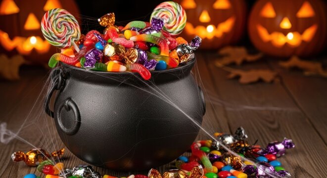 Halloween cauldron overflowing with colorful candy and spooky jack o'lanterns behind