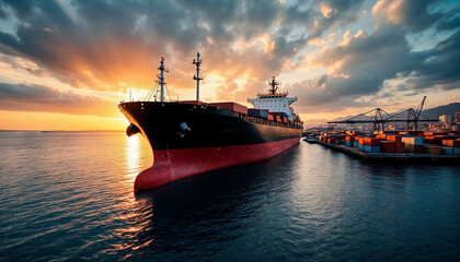 Large container cargo ship docking at commercial port at sunset
