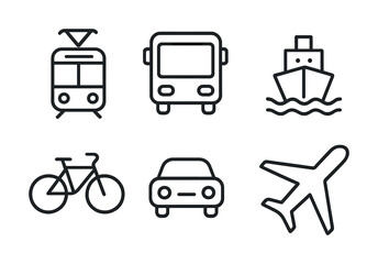 Set of minimalist transportation icons: train, bus, ship, bicycle, car, airplane