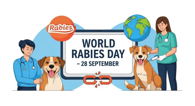 World rabies day illustration with veterinarians vaccinating dogs on september 28