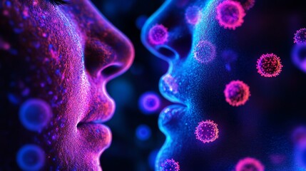 Microbial world inside human nasal cavity with Corynebacterium accolens, glowing particles in humid air, macro microbiome theme