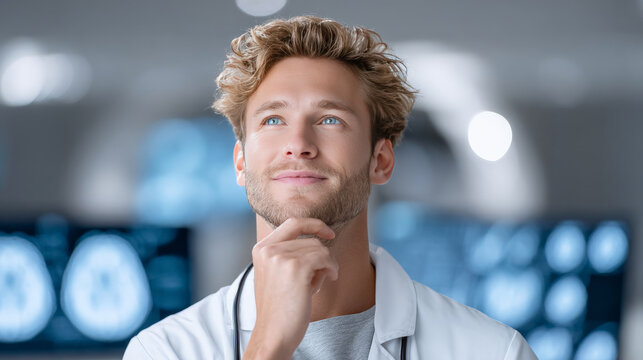 Thoughtful doctor with hopeful smile, thinking about medical diagnosis. Specialist in modern hospital laboratory looking at brain scan results on screen