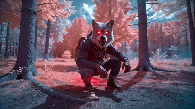 Man wearing werewolf mask with glowing red eyes crouching in surreal forest with soft infrared colors. Halloween