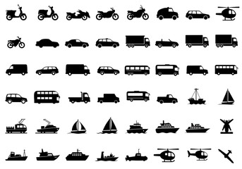 Diverse transportation icons including cars, motorcycles, trucks, buses, boats, and helicopters for modern design projects