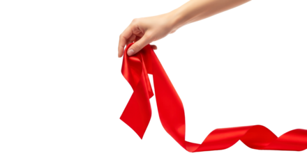 unveiling elegance a hand gently releases a vibrant red ribbon, symbolizing celebration and new beginnings, isolated on transparent background