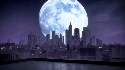 A low-angle, stylized shot of a cityscape at night, with a huge, dramatic full moon hanging in the dark purple sky.