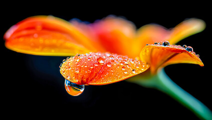 Obraz premium Macro orange flower petal with many water droplets on black back