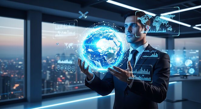 Global business intelligence technology man analyzing data in futuristic office space concept