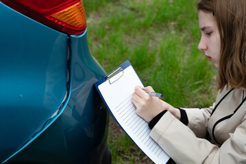 Insurance agent draws up documents after accident. Services of insurance companies concept