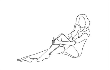 Continuous one line drawing of a woman sitting pose illustration minimalist art female figure sketch simple design style. Hand drawn one line vector. Editable stroke