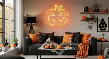 Cozy living room decorated for halloween with pumpkin neon sign and fall decor