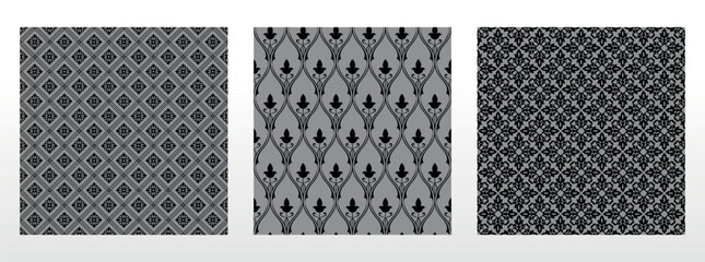 Geometric floral set of seamless patterns. Gray and black vector backgrounds. Damask graphic ornaments