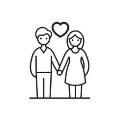 Fototapeta premium Man and woman with heart, Stick figure couple holding hands with heart above them on a white background simple line 