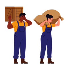 Two workers, a man carrying a wooden crate and a woman carrying a heavy sack over her shoulder.