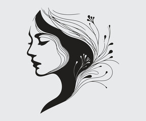 line-art of a calm female face in profile seamlessly blending into natural elements