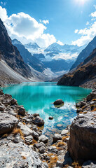 Turquoise high-altitude lake surrounded by mountains with snowy peaks