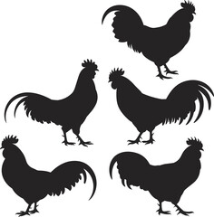 Flat vector illustration of five rooster silhouettes, detailed bird shapes with tail feathers, ideal for farm, animal, and poultry design concepts