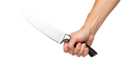a chefs precision hand holding a sharp kitchen knife, ready to create culinary masterpieces, isolated on transparent background