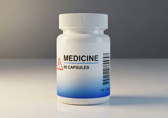 Obraz premium White medicine bottle with 60 capsules and warning label