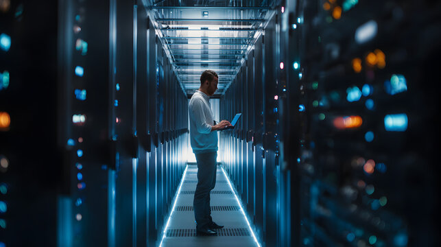 Technician Working at DataCenter. Management Conductng System Servers Diagnostcs and Maintenance in a Hih-Tech Environment. Digita Technology System Adminisrator. generative ai