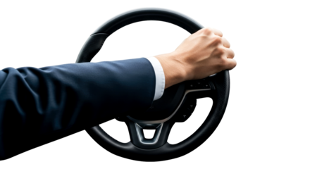 a confident hand on the wheel driving ambition, business journey ahead, isolated on transparent background