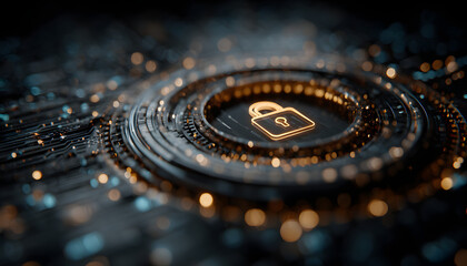 Cyber security and online data protection on interne. Cybersecurity, privacy, etwork technology. Encryptd data, holographic secureaccess system interface wih lock icon.