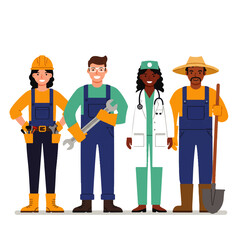 A diverse group of professionals including a construction worker, mechanic, doctor, and farmer stand together representing various occupations.