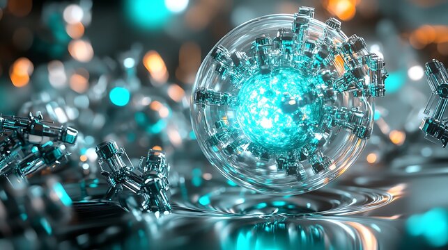 Close up of a futuristic glowing sphere with metal attachments