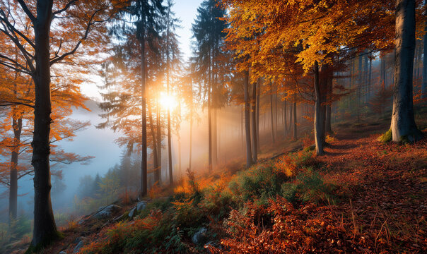 autumn forest in the morning with sunshine and fog
