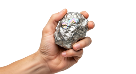 unveiling the rainbows promise a hand holds a mystical, silver ore, isolated on transparent background