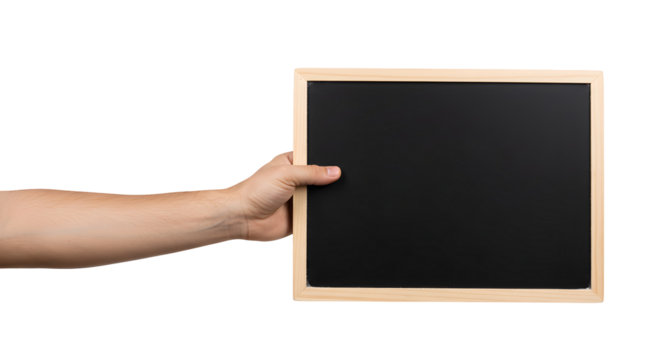 Holding Empty Chalkboard Hand Displaying Isolated on Transparent Background Studio Shot
