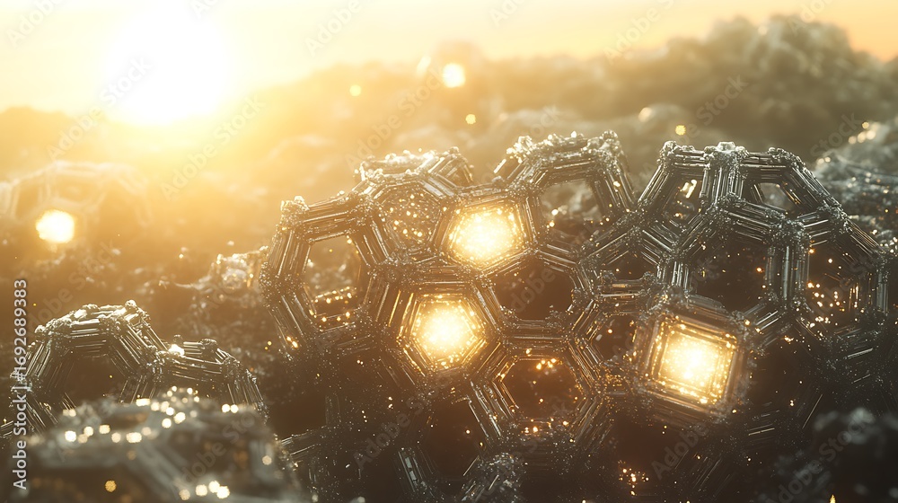 Wall mural abstract structures with glowing lights against a hazy background