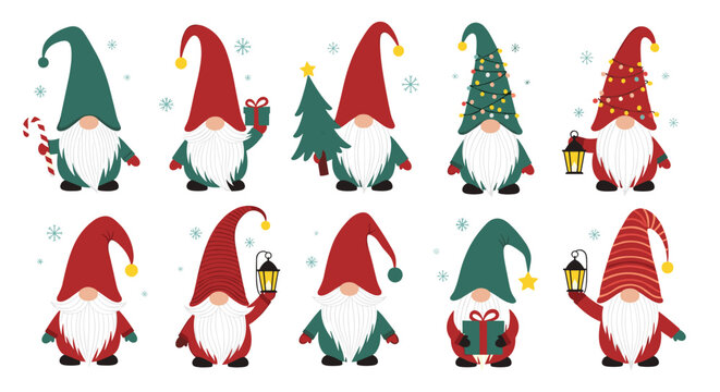 Charming scandinavian gnomes adorned with festive holiday decorations and lanterns