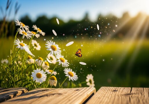 A delicate orange butterfly flutters among white daisies in a sundrenched meadow, with golden light rays illuminating the scene and a wooden surface in the foreground