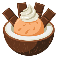 Chocolate cocoa ice cream served in coconut shell with whipped cream and chocolate toppings
