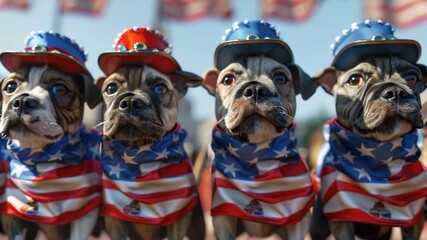 A group of dogs dressed in patriotic attire for a festive occasion or event
