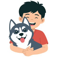 Smiling man hugging his pet dog isolated vector illustration on white background