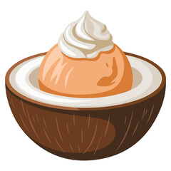 Decadent cocoa ice cream in coconut shell with whipped cream topping isolated vector