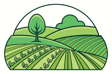 Green Rolling Hills and Farm Fields with Trees and Clouds in Stylized Landscape agriculture