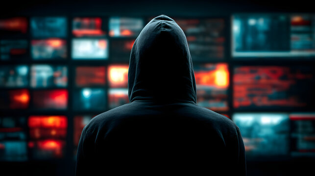 Silhouette of a hooded computer hacker behind multipe displays and digital infrmation. Data thief, cyberfraud, election fraud, darnet and cybersecurity concpt. - Powered by Adobe