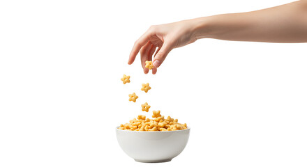 Serving star-shaped cereal into a white bowl against a black backdrop