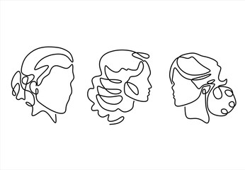Line Art Portraits Minimalist Female Hair Styles. line icon-continuous line drawing. Editable stroke. 