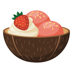 Creamy strawberry ice cream served in coconut with whipped topping and fruit isolated
