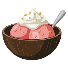 Strawberry ice cream in coconut shell with whipped cream and berry topping isolated